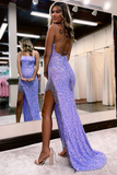 Mermaid Scoop Neck Lavender Sequins Prom Dresses with Slit HZ0509