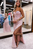 Mermaid Pink Velvet Sequins Long Prom Dresses with Slit HZ0509
