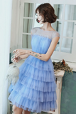Tulle Short Prom Dress, Cute Round Neck Layered Blue Party Dress HZ0509