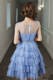 Tulle Short Prom Dress, Cute Round Neck Layered Blue Party Dress HZ0509