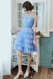 Tulle Short Prom Dress, Cute Round Neck Layered Blue Party Dress HZ0509