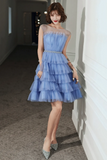 Tulle Short Prom Dress, Cute Round Neck Layered Blue Party Dress HZ0509