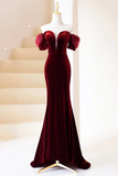 Velvet Long Prom Dress, Burgundy Off Shoulder Pearl Evening Dress HZ0509