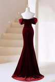 Velvet Long Prom Dress, Burgundy Off Shoulder Pearl Evening Dress HZ0509