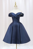 Knee Length Satin Short Prom Dress, Off the Shoulder Blue Homecoming Dress HZ0509