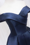 Knee Length Satin Short Prom Dress, Off the Shoulder Blue Homecoming Dress HZ0509