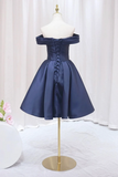 Knee Length Satin Short Prom Dress, Off the Shoulder Blue Homecoming Dress HZ0509