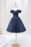Knee Length Satin Short Prom Dress, Off the Shoulder Blue Homecoming Dress HZ0509
