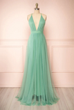 Green V Neck Tulle Long Prom Dress, Simple Backless Evening Dress HZ0509