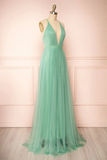 Green V Neck Tulle Long Prom Dress, Simple Backless Evening Dress HZ0509