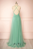 Green V Neck Tulle Long Prom Dress, Simple Backless Evening Dress HZ0509