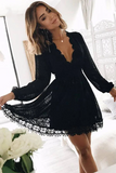 Deep V Neck Long Sleeves Lace Homecoming Dress, Black Short Prom Gown HZ0509
