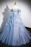 Cascading Ruffles Long Prom Dresses, A Line Strapless Short Sleeve Sweep Train Evening Dress HZ0509