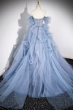 Cascading Ruffles Long Prom Dresses, A Line Strapless Short Sleeve Sweep Train Evening Dress HZ0509