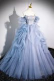 Cascading Ruffles Long Prom Dresses, A Line Strapless Short Sleeve Sweep Train Evening Dress HZ0509