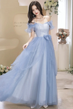 Stylish Off Shoulder Blue Tulle Prom Dress with Bow HZ0509