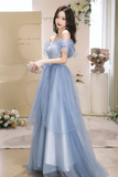 Stylish Off Shoulder Blue Tulle Prom Dress with Bow HZ0509