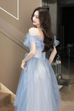 Stylish Off Shoulder Blue Tulle Prom Dress with Bow HZ0509