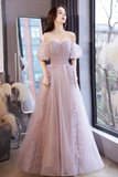 Line Tulle Long Prom Dress with Beaded, Beautiful Off the Shoulder Evening Graduation Dress HZ0509