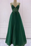 Green Tulle Prom Dress Beaded V Neck Party Gown HZ0509