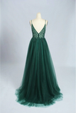 Green Tulle Prom Dress Beaded V Neck Party Gown HZ0509