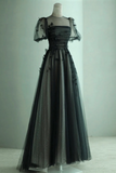 Line Black Puff Sleeves Tulle Long Prom Dress, Black Formal Evening Dress HZ0509