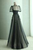 Line Black Puff Sleeves Tulle Long Prom Dress, Black Formal Evening Dress HZ0509