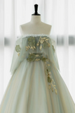 Line Green Tulle Lace Long Prom Dress, Green Tulle Lace Long Formal Dress HZ0509