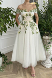 the Shoulder Maxi Formal Dress Green Leaf Appliqued Prom Dress HZ0509