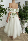 the Shoulder Maxi Formal Dress Green Leaf Appliqued Prom Dress HZ0509
