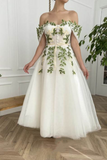 the Shoulder Maxi Formal Dress Green Leaf Appliqued Prom Dress HZ0509