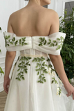the Shoulder Maxi Formal Dress Green Leaf Appliqued Prom Dress HZ0509