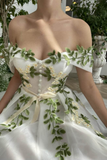 the Shoulder Maxi Formal Dress Green Leaf Appliqued Prom Dress HZ0509