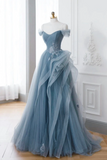Line off Shoulder Tulle Lace Gray Blue Long Prom Dress, Blue Long Formal Dress HZ0509