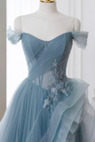 Line off Shoulder Tulle Lace Gray Blue Long Prom Dress, Blue Long Formal Dress HZ0509