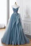 Line off Shoulder Tulle Lace Gray Blue Long Prom Dress, Blue Long Formal Dress HZ0509