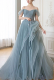 Line off Shoulder Tulle Lace Gray Blue Long Prom Dress, Blue Long Formal Dress HZ0509