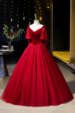 Velvet and Tulle Long Prom Dress, A Line V Neck Formal Evening Dress HZ0509