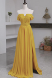the Shoulder Yellow Chiffon Long Prom Dresses, Off Shoulder Yellow Long Formal Evening Dresses HZ0509