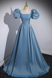 Line Puff Sleeves Satin Blue Long Prom Dress, Blue Long Formal Dress HZ0509