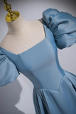 Line Puff Sleeves Satin Blue Long Prom Dress, Blue Long Formal Dress HZ0509