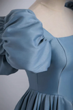 Line Puff Sleeves Satin Blue Long Prom Dress, Blue Long Formal Dress HZ0509