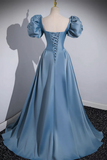 Line Puff Sleeves Satin Blue Long Prom Dress, Blue Long Formal Dress HZ0509
