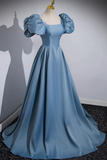 Line Puff Sleeves Satin Blue Long Prom Dress, Blue Long Formal Dress HZ0509