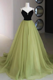 Line V Neck Black and Green Tulle Long Prom Dresses, Black and Green Tulle Long Formal Evening Dresses HZ0509