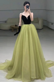 Line V Neck Black and Green Tulle Long Prom Dresses, Black and Green Tulle Long Formal Evening Dresses HZ0509