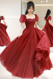 Tulle Beaded Floor Length Prom Dress, Beautiful Short Sleeve Evening Party Dress HZ0509