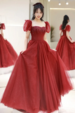Tulle Beaded Floor Length Prom Dress, Beautiful Short Sleeve Evening Party Dress HZ0509