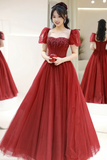Tulle Beaded Floor Length Prom Dress, Beautiful Short Sleeve Evening Party Dress HZ0509