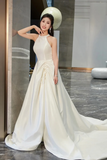 Satin Long Prom Dress with Slit, Elegant A Line Backless Evening Party Dress HZ0509
